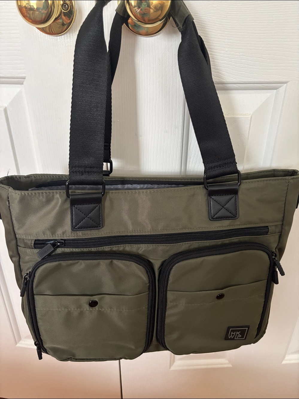 Olive Laptop Tote with 2 Removable Pink and Olive Shoulder Straps